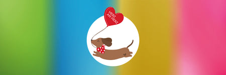 A cartoon dog with a heart-shaped balloon on a colorful background.