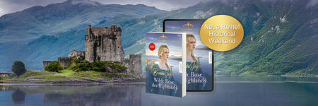 Castle near a lake with promotional items of the new CORA series named Historical Weekend in the foreground.